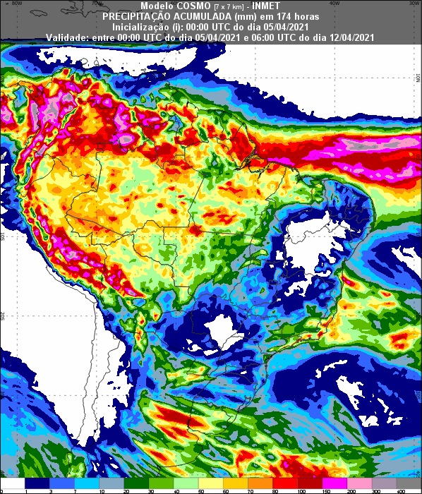 Mapa com a previsão de chuva para os próximos 7 dias em todo o Brasil - Fonte: Inmet