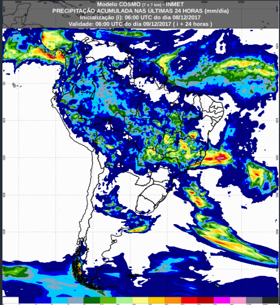Mapa com a previsão de precipitação acumulada para até 72 horas (09/12 a 11/12) para todo o Brasil - Fonte: Inmet