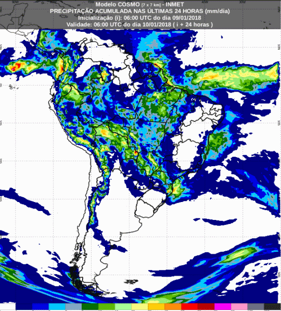 Mapa com a previsão de precipitação acumulada para até 72 horas (10/01 a 12/01) para todo o Brasil - Fonte: Inmet