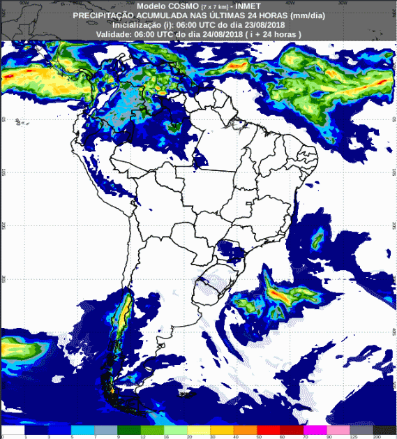 Mapa com a previsão de precipitação acumulada para até 72 horas (24/08 a 26/08) em todo o Brasil - Fonte: Inmet