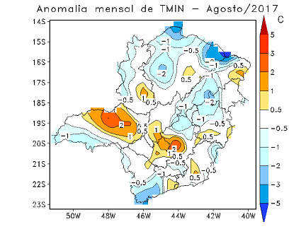 Figura 3 –Anomalias e Média mensal de temperatura: (a,c) máxima e (b,d) mínima, no mês de Agosto/2017