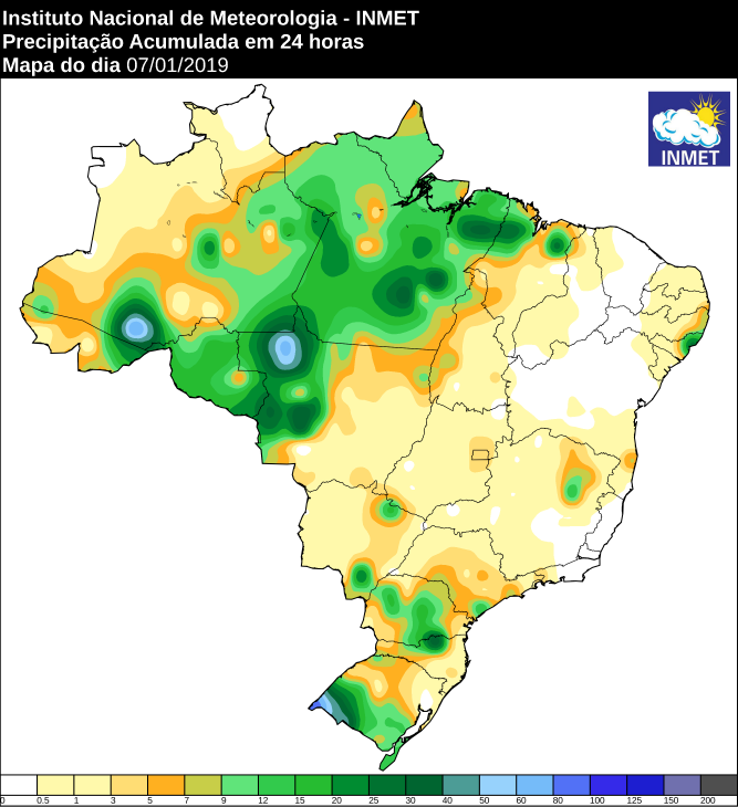 Mapa com a precipitação acumulada em todo o Brasil nas últimas 24 horas - Fonte: Inmet