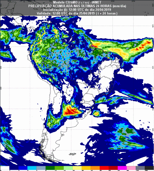 Mapa com a previsão de precipitação acumulada para até 93 horas (26/04 a 28/04) em todo o Brasil - Fonte: Inmet