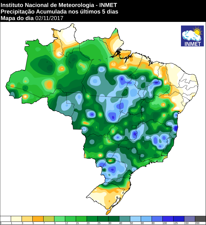 Mapa com a precipitação acumulada nos últimos cinco dias em todo o Brasil  - Fonte: Inmet