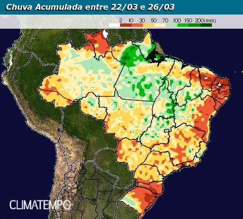 Mapa de chuva acumulada entre 22 de março e 26 de março - Fonte: Inmet