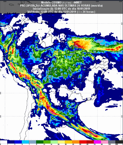 Mapa com a previsão de precipitação acumulada para até 174 horas (12/01 a 18/01) em todo o Brasil - Fonte: Inmet