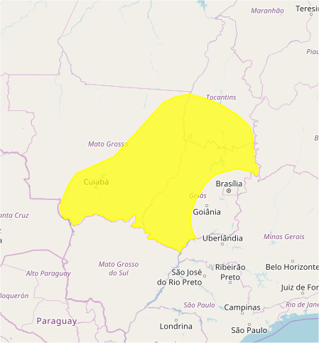 Mapa das áreas com previsão de chuvas intensas nesta 6ª feira / MT e GO - Fonte: Inmet