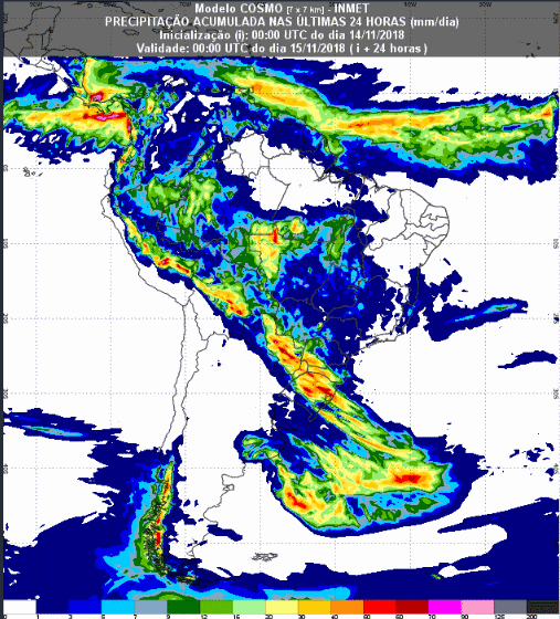Mapa com a previsão de precipitação acumulada para até 72 horas (15/11 a 17/11) em todo o Brasil - Fonte: Inmet