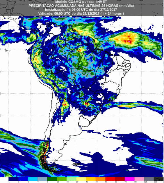 Mapa com a previsão de precipitação acumulada para até 72 horas (28/12 a 30/12) para todo o Brasil  - Fonte: Inmet