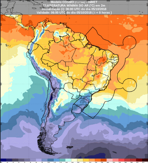 Mapa com a previsão de temperatura mínima para até 72 horas (05/10 a 08/10) em todo o Brasil - Fonte: Inmet