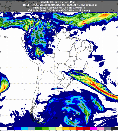 Mapa com a previsão de precipitação acumulada para até 93 horas (03/09 a 05/09) em todo o Brasil - Fonte: Inmet