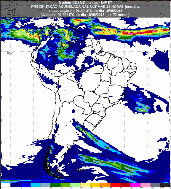 Mapa com a previsão de precipitação acumulada para até 72 horas (17/08 a 19/08) em todo o Brasil - Fonte: Inmet