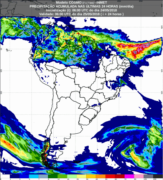 Mapa com a previsão de precipitação para até 72 horas (25/05 a 27/05) em todo o Brasil - Fonte: Inmet