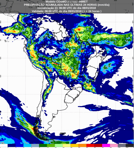 Mapa com a previsão de precipitação acumulada para até 72 horas (06/12 a 08/12) para todo o Brasil - Fonte: Inmet