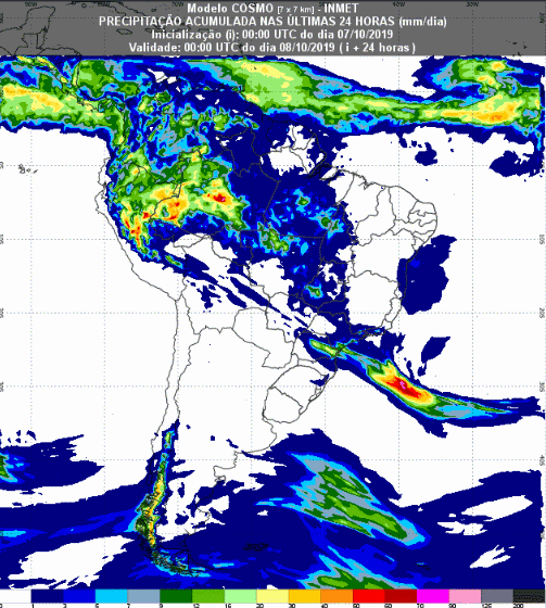 Mapa com a previsão de precipitação acumulada para até 93 horas (08/10 a 10/10) em todo o Brasil - Fonte: Inmet