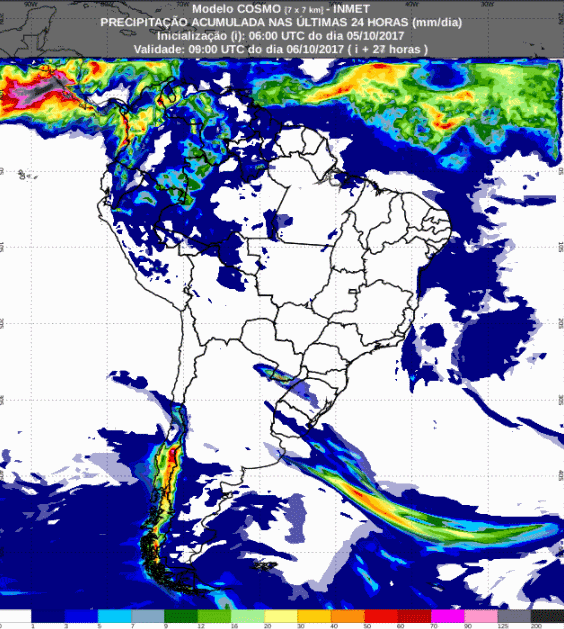Mapa com a previsão de precipitação acumulada para até 72 horas (06/10 a 08/10) para todo o Brasil - Inmet