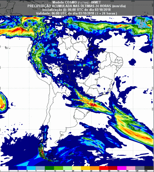 Mapa com a previsão de precipitação acumulada para até 72 horas (03/10 a 05/10) em todo o Brasil - Fonte: Inmet