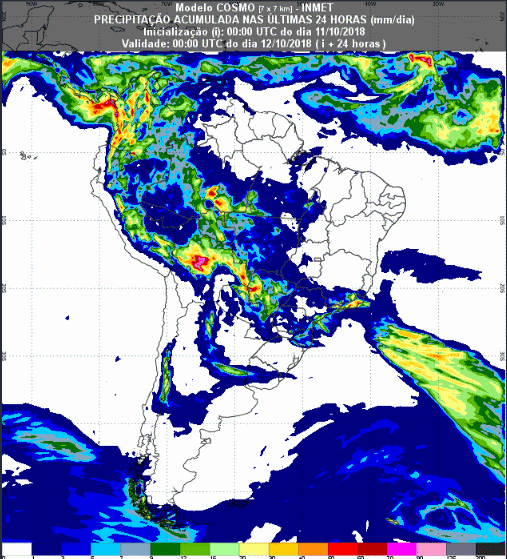 Mapa com a previsão de precipitação acumulada para até 72 horas (12/10 a 14/10) em todo o Brasil - Fonte: Inmet