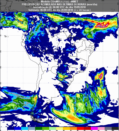 Mapa com a previsão de precipitação acumulada para até 72 horas (20/08 a 22/09) em todo o Brasil - Fonte: Inmet