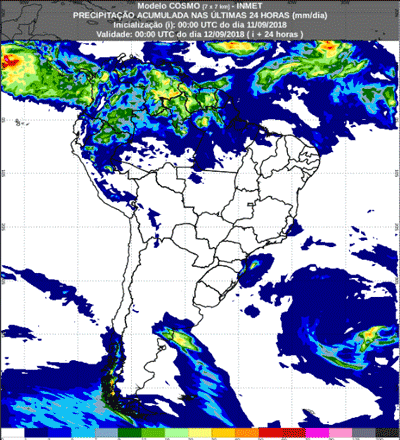 Mapa com a previsão de precipitação acumulada para até 72 horas (12/08 a 18/09) em todo o Brasil - Fonte: Inmet