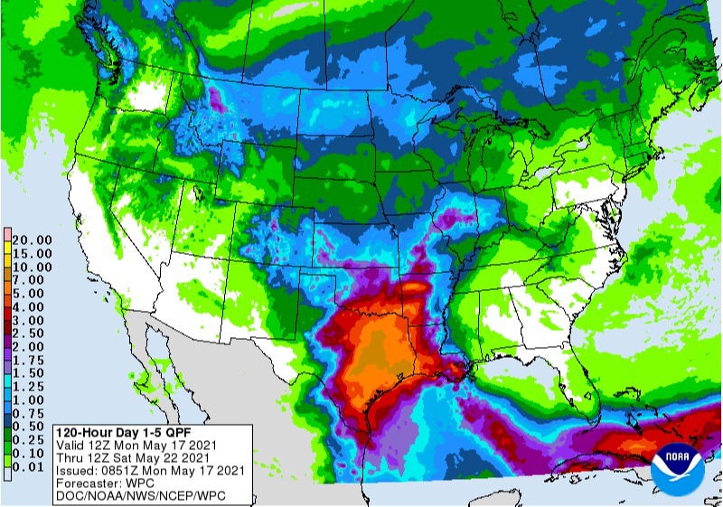 Chuvas EUA 5 dias - Fonte: NOAA