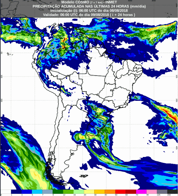 Mapa com a previsão de precipitação acumulada para até 72 horas (09/08 a 11/08) em todo o Brasil - Fonte: Inmet