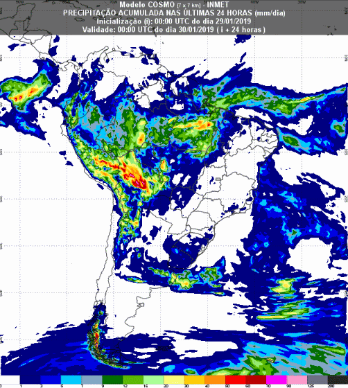 Mapa com a previsão de precipitação acumulada para até 174 horas (30/01 a 05/02) em todo o Brasil - Fonte: Inmet