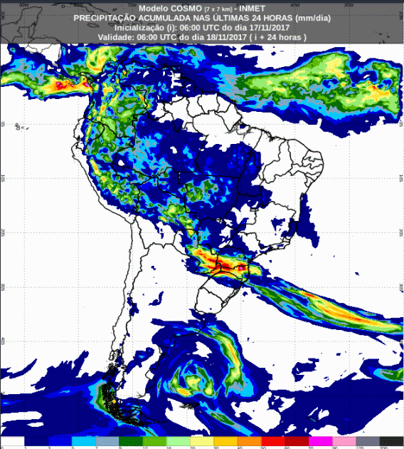 Mapa com a previsão de precipitação acumulada para até 72 horas (18/11 a 20/11) para todo o Brasil - Fonte: Inmet