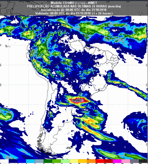 Mapa com a previsão de precipitação acumulada para até 72 horas (01/11 a 03/11) em todo o Brasil - Fonte: Inmet