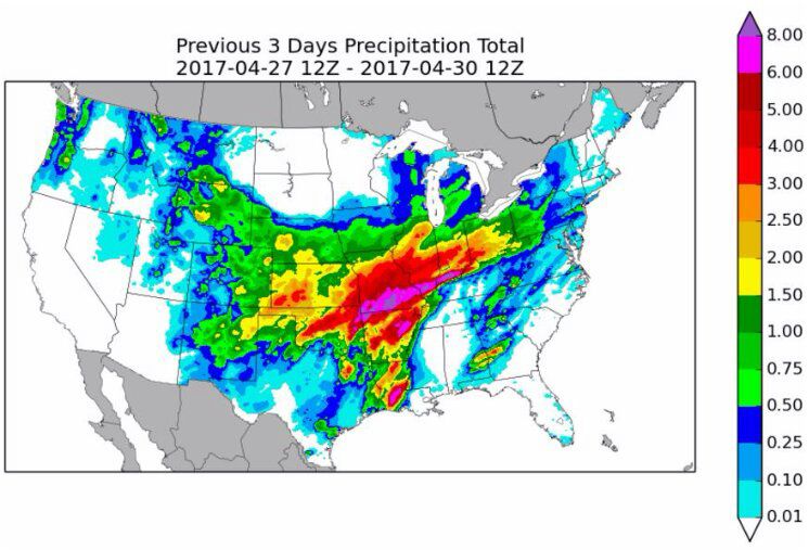 Previsão de chuva para os próximos 3 dias - Fonte: NOAA