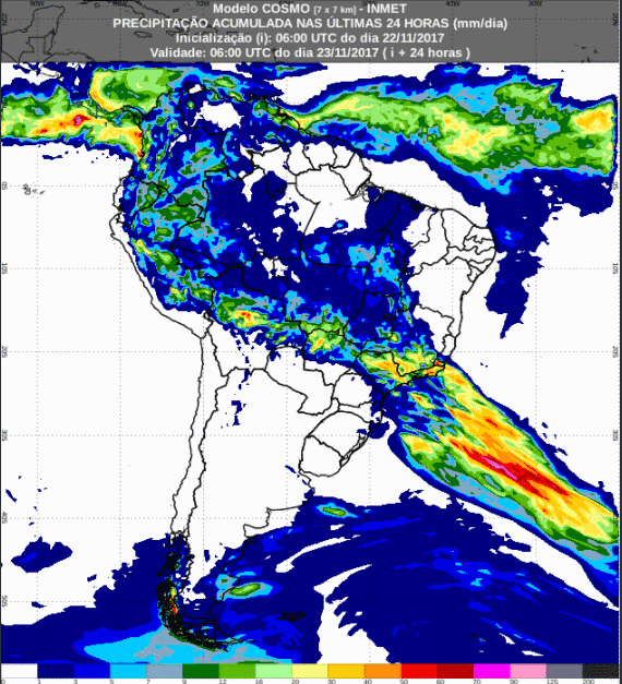 Mapa com a previsão de precipitação acumulada para até 72 horas (23/11 a 25/11) para todo o Brasil - Fonte: Inmet