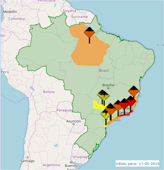 Mapa das áreas com alerta de chuvas fortes nesta 6ª feira em todo o Brasil - Fonte: Inmet