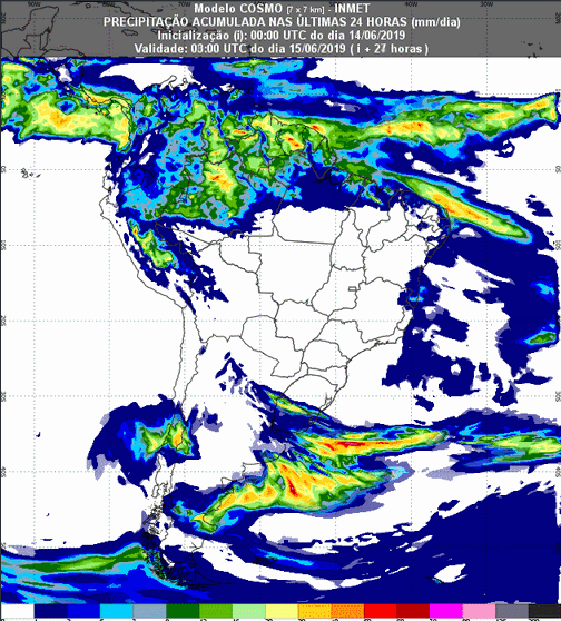Mapa com a previsão de precipitação acumulada para até 93 horas (15/06 a 17/06) em todo o Brasil - Fonte: Inmet