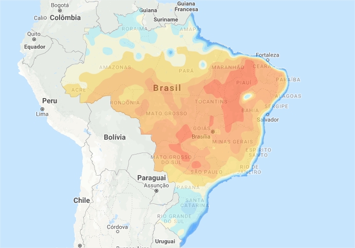 Mapa de água disponível no solo em todo o Brasil - Fonte: Climatempo