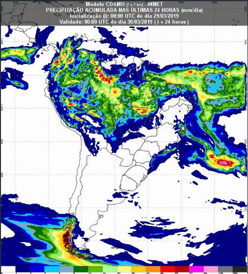 Mapa com a previsão de precipitação acumulada para até 72 horas (30/03 a 01/04) em todo o Brasil - Fonte: Inmet