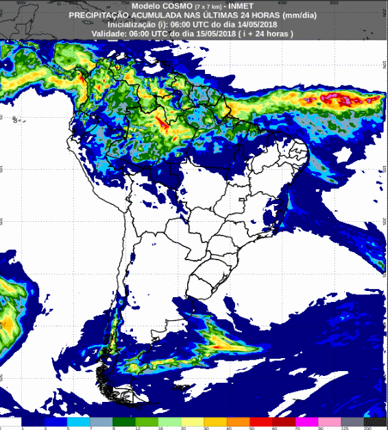 Mapa com a previsão de precipitação acumulada para até 72 horas (15/05 a 17/05) para todo o Brasil - Fonte: Inmet