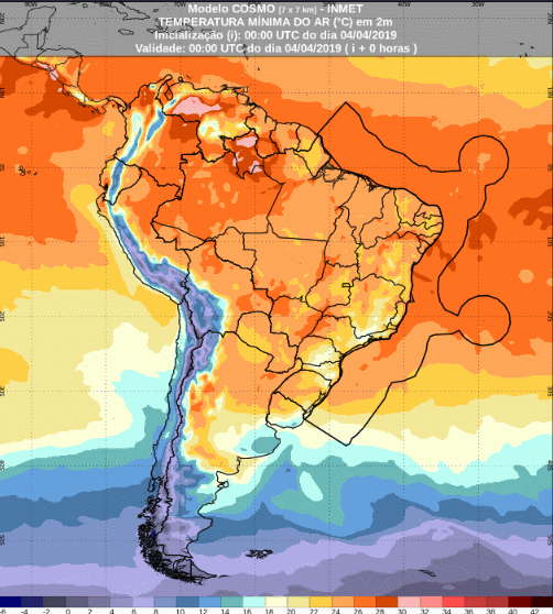 Mapa com a previsão de temperatura mínima para até 117 horas (04/04 a 08/04) em todo o Brasil - Fonte: Inmet