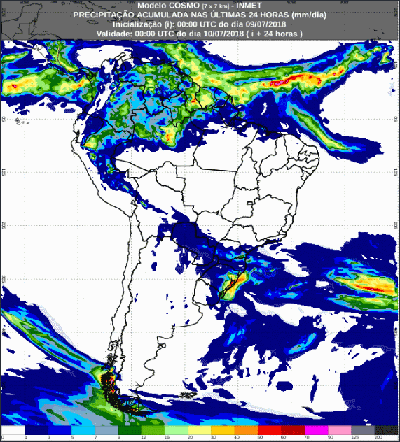 Mapa com a previsão de precipitação acumulada para até 72 horas (10/07 a 12/07) para todo o Brasil - Fonte: Inmet