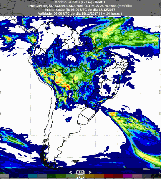 Mapa com a previsão de precipitação acumulada para até 72 horas (19/12 a 21/12) para todo o Brasil - Fonte: Inmet