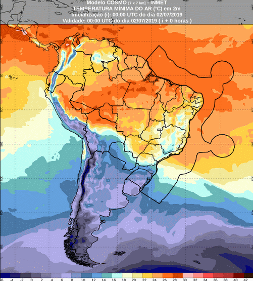 Mapa com a previsão de temperatura mínima para até 93 horas (02/07 a 05/07) em todo o Brasil - Fonte: Inmet