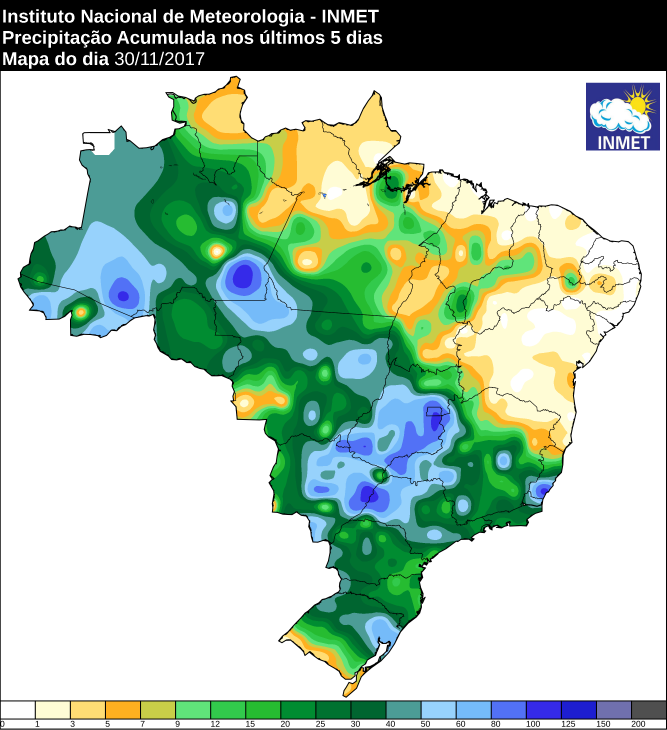 Mapa de precipitação acumulada nos últimos cinco dias em todo o Brasil - Fonte: Inmet