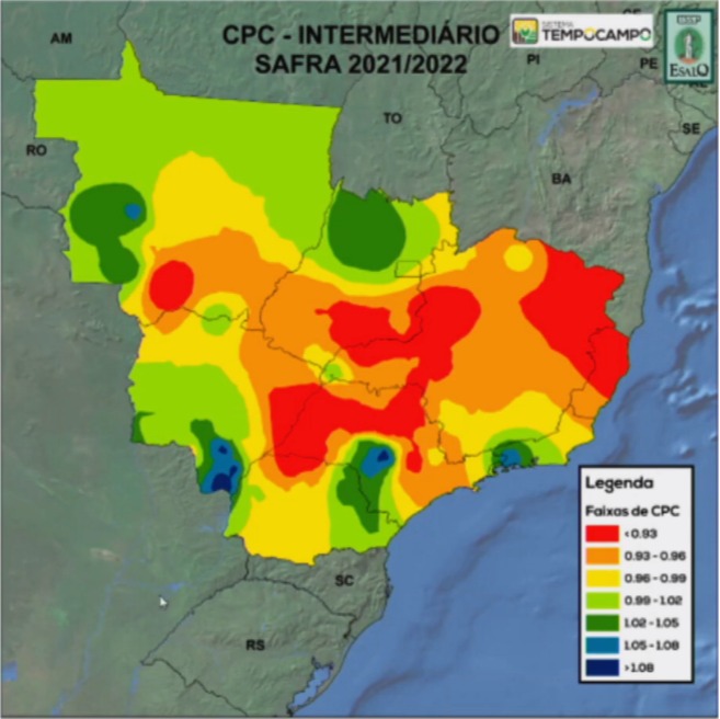 Mapa intermediário do Coeficiente de Produtividade Climática do TempoCampo para áreas de cana do Centro-Sul do Brasil - Fonte: TempoCampo
