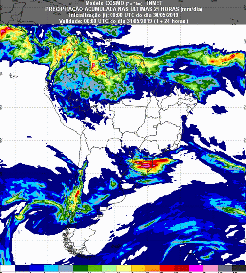 Mapa com a previsão de precipitação acumulada para até 93 horas (31/05 a 02/06) em todo o Brasil - Fonte: Inmet