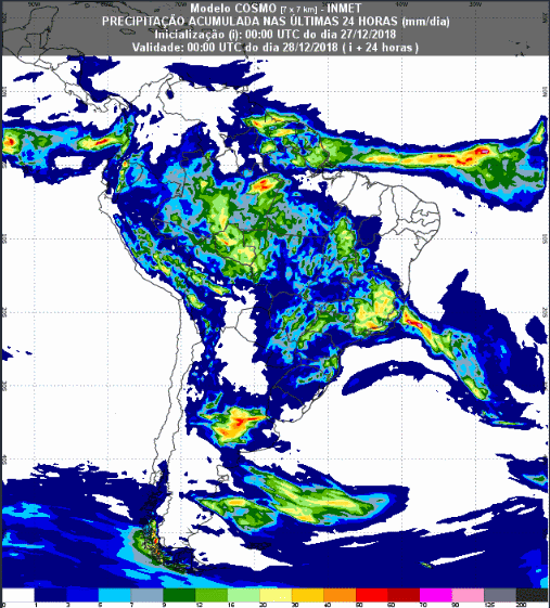 Mapa com a previsão de precipitação acumulada para até 174 horas (28/12 a 03/01) em todo o Brasil - Fonte: Inmet