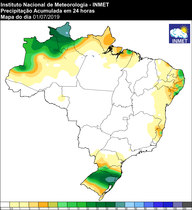 Mapa das áreas com precipitação acumulada nas últimas 24 horas - Fonte: Inmet