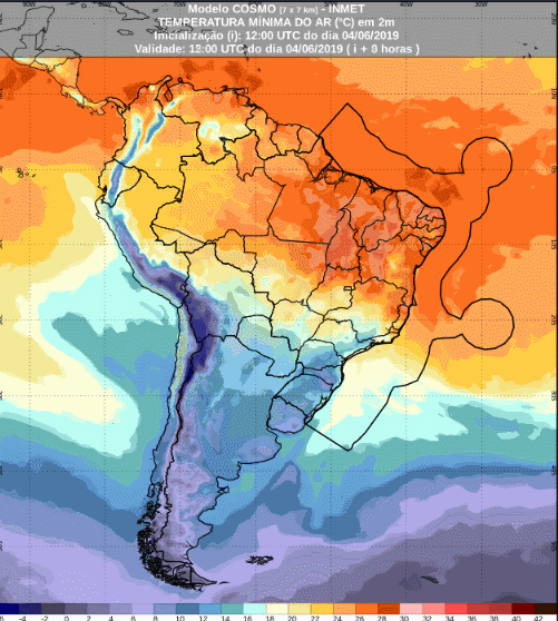 Mapa com a previsão de temperatura mínima para até 93 horas (05/06 a 08/06) em todo o Brasil - Fonte: Inmet