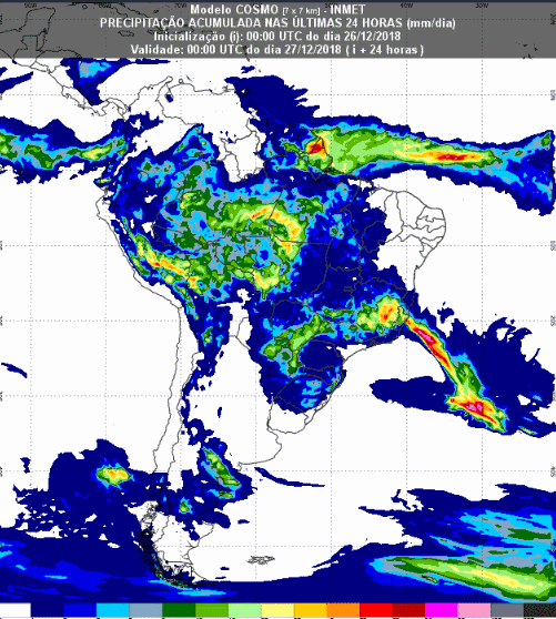 Mapa com a previsão de precipitação acumulada para até 174 horas (27/12 a 02/01) em todo o Brasil - Fonte: Inmet