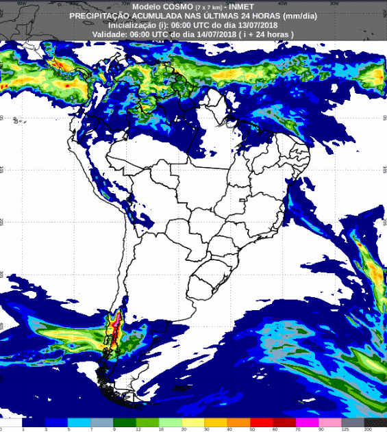 Mapa com a previsão de temperatura mínima para até 69 horas (14/07 a 16/07) em todo o Brasil - Fonte: Inmet