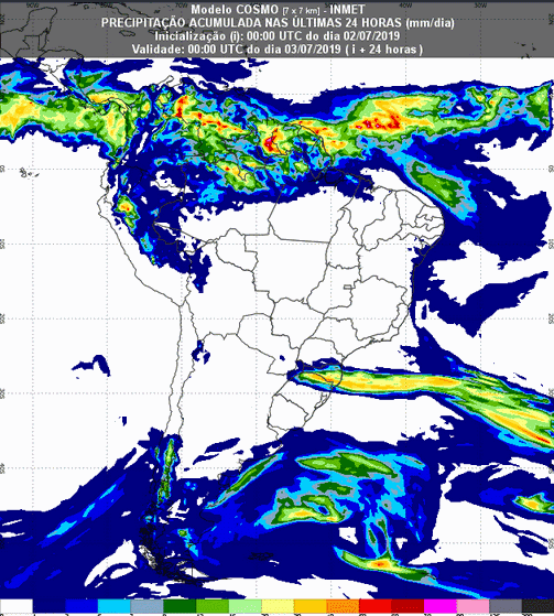 Mapa com a previsão de precipitação acumulada para até 93 horas (03/07 a 06/07) em todo o Brasil - Fonte: Inmet