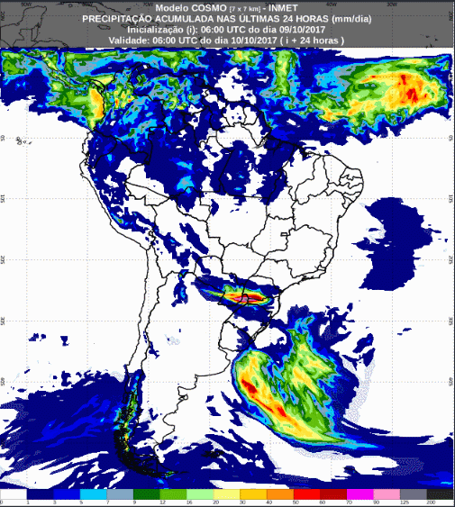 Mapa com a previsão de precipitação acumulada para até 72 horas (10/10 a 12/10) para todo o Brasil - Inmet